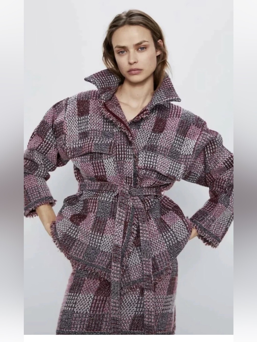 Zara Plaid Tweed Wrap Jacket with Belt | Size M